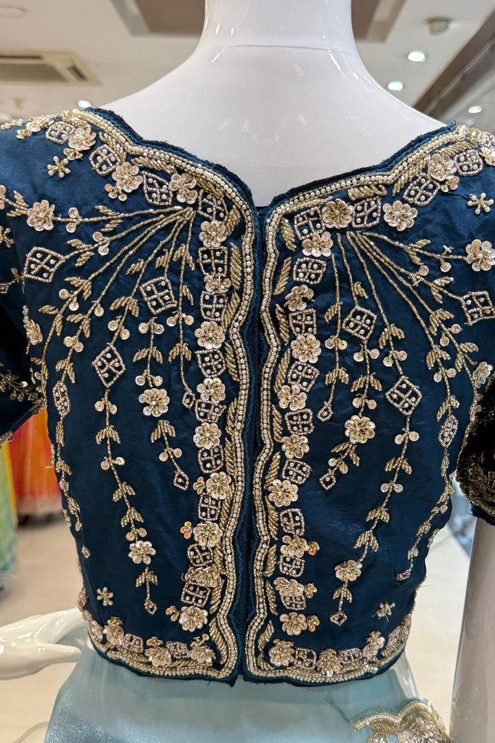 Firozi Blue Beads, Sequins, Zari and Pearls work Saree