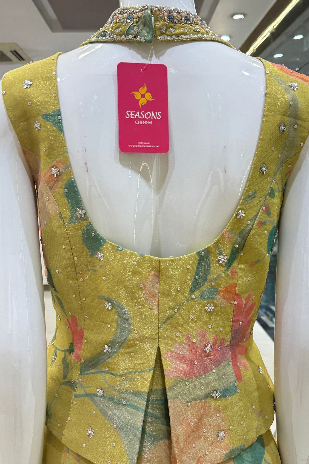 Lemon Green Indo-Western Styled Halter Neck Top and Cowl Skirt