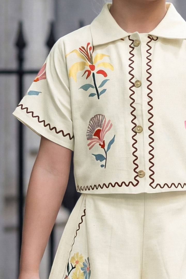 Half White Floral Print Top and Shorts For Girls