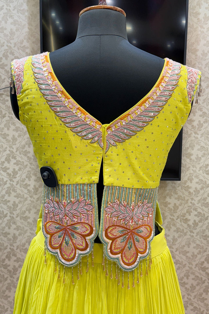 Lemon Yellow Multicolor Embroidery, Sequins and Beads work Crop Top Lehenga