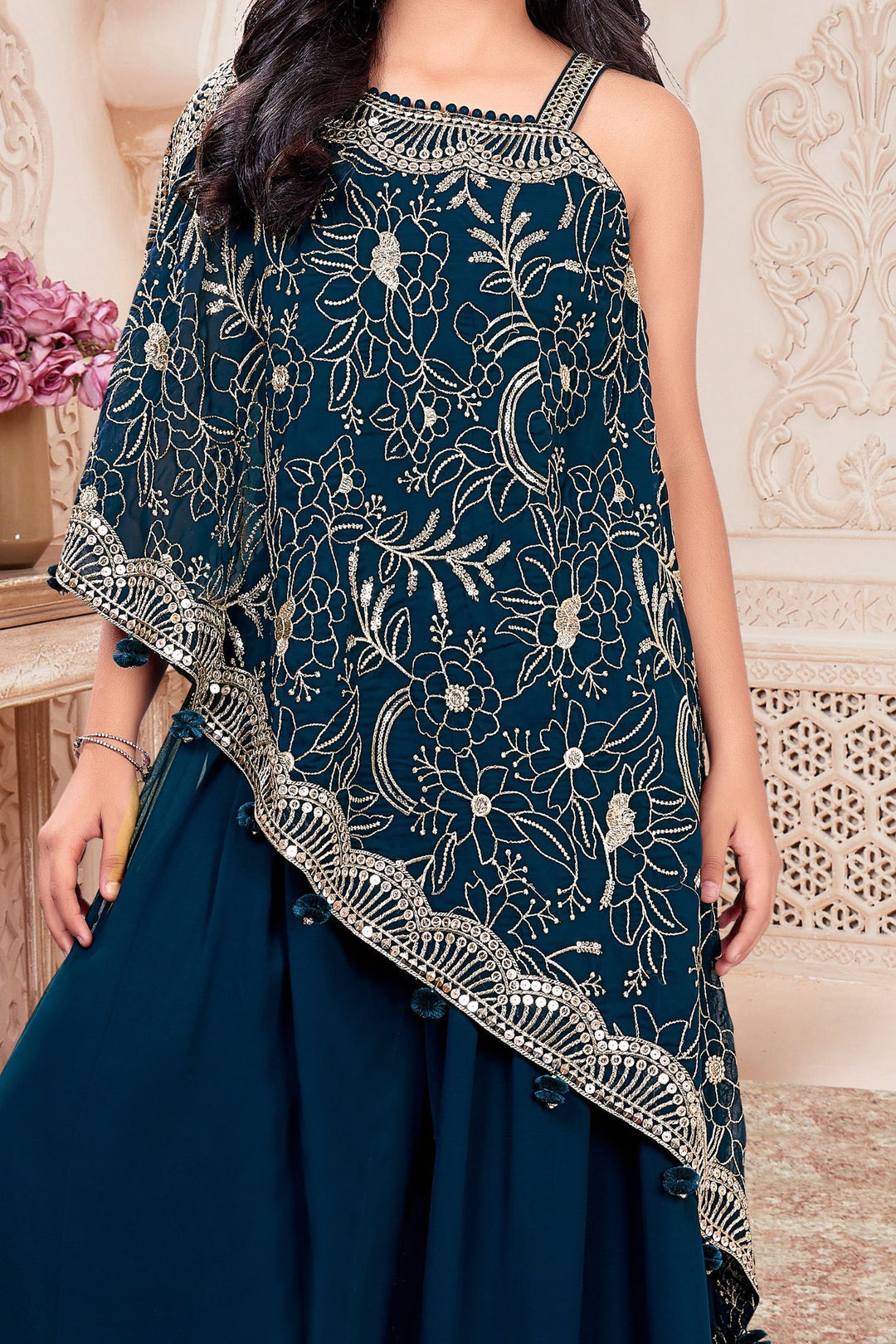 Teal Blue Sequins and Zari work Palazzo Suit Set for Girls