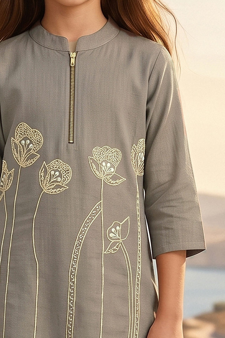 Grey Pearl, Beads and Thread work Co-ord Set for Girls