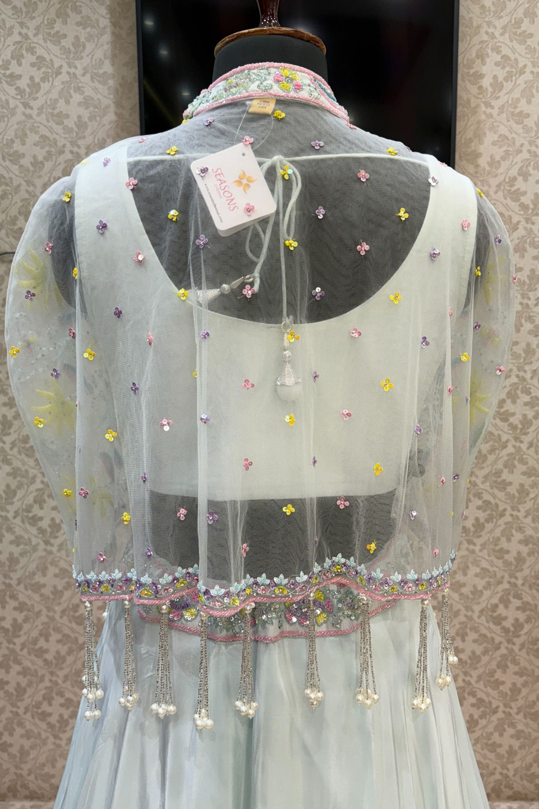 Sea Blue Beads, Sequins and Stone work with Poncho Crop Top Lehenga