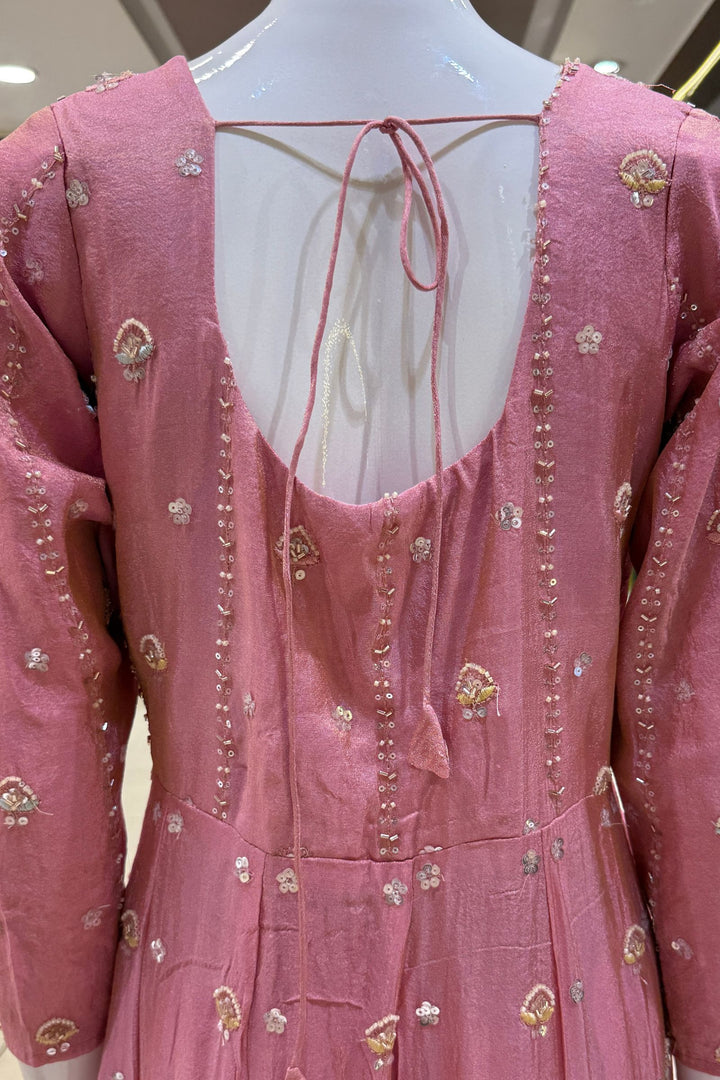 Rose Pink Beads, Sequins and Thread work Long Top with Straight Pant