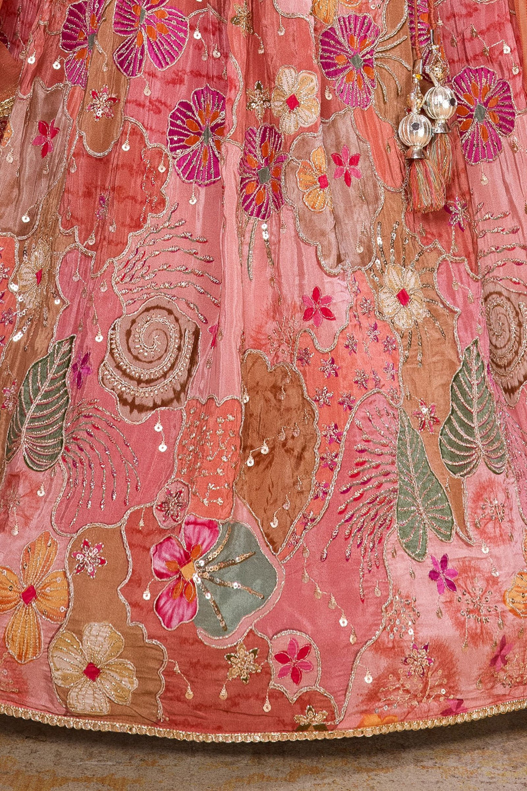 Dark Orange Sequins and Beads work with Multicolor Digital Print Lehenga Choli for Girls