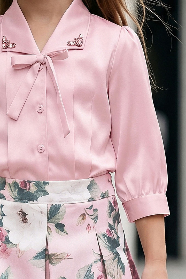 Pink Floral Print Top and Divider Skirt for Girls