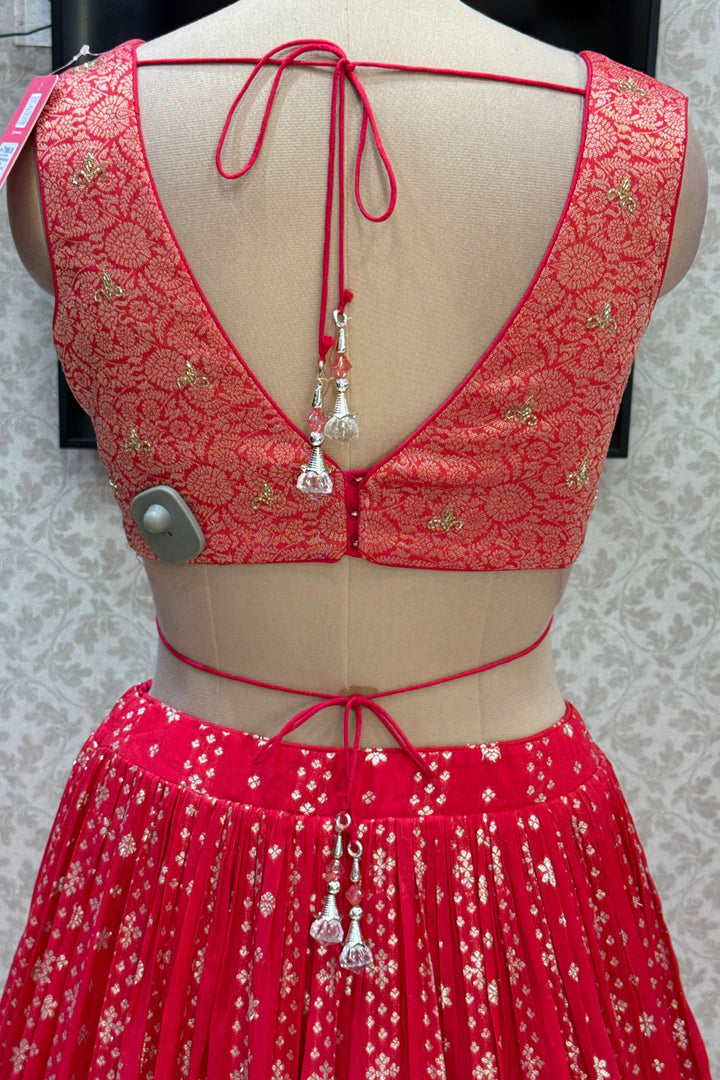 Red Brocade, Beads, Zari, Zardozi and Sequins work Crop Top Lehenga