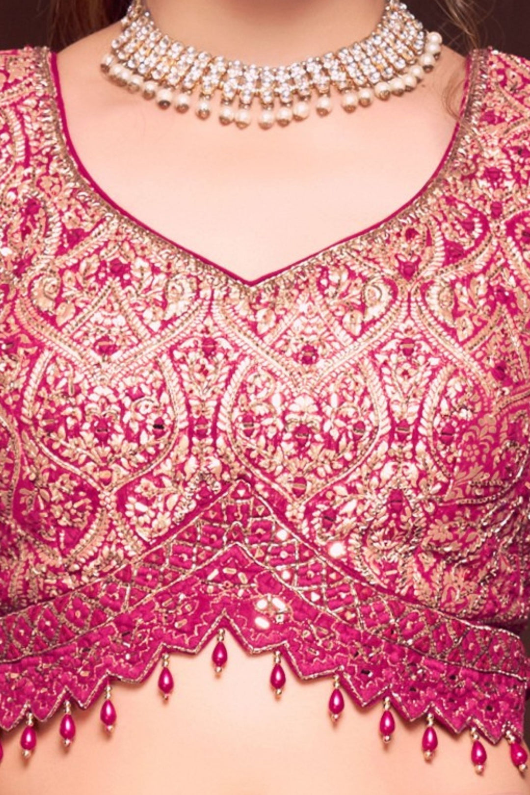 Rani Pink Banaras, Mirror, Beads and Zardozi work Crop Top Lehenga