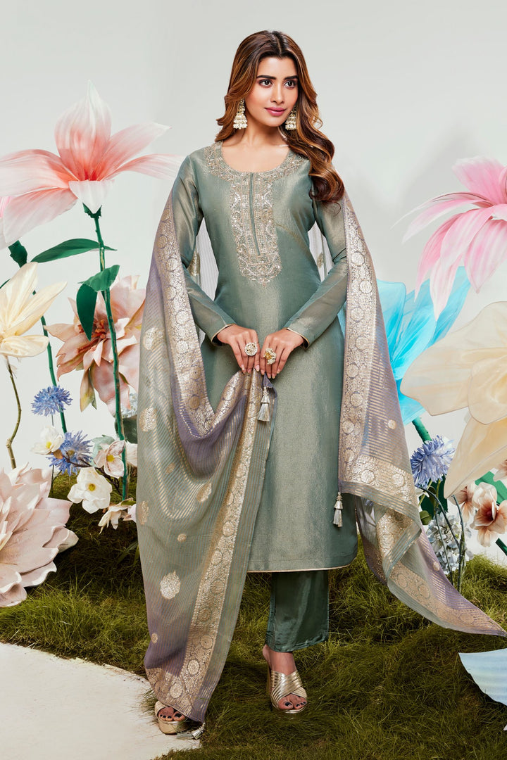 Peacock Green Beads, Pearl, Zardozi, Sequins and Zari work Straight Cut Salwar Suit