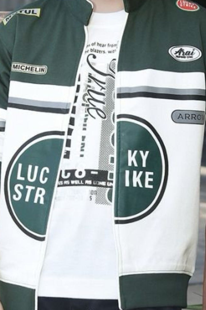 Green with White Printed Blazer, T-Shirt and Black Pant Set for Boys with Belt