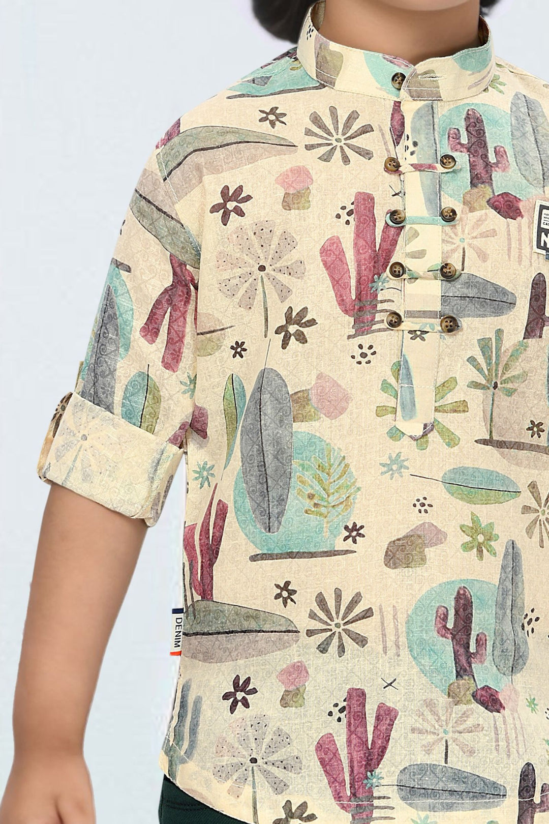 Cream with Multicolor Digital Print Casual wear Shirt and Green Pant Set for Boys