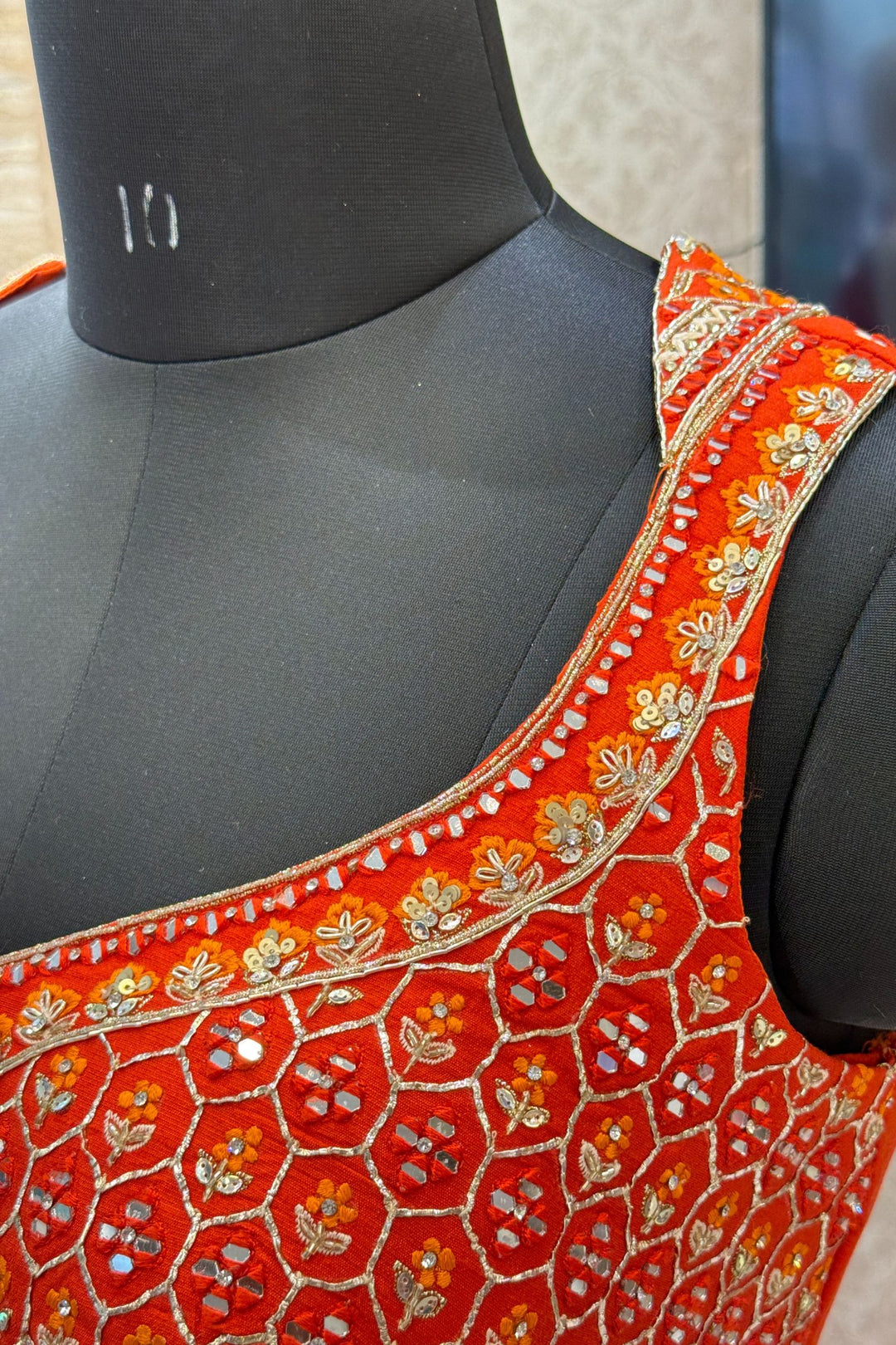 Orange Mirror, Stone, Zardozi and Sequins work with Bandini Print Crop Top Lehenga