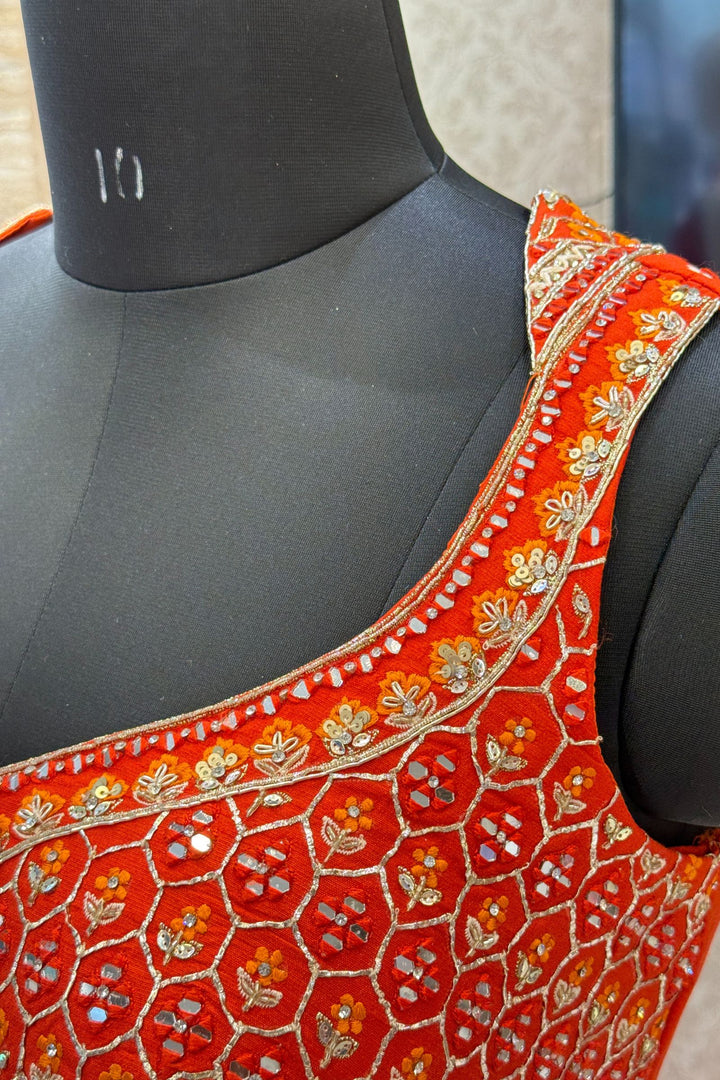 Orange Mirror, Stone, Zardozi and Sequins work with Bandini Print Crop Top Lehenga