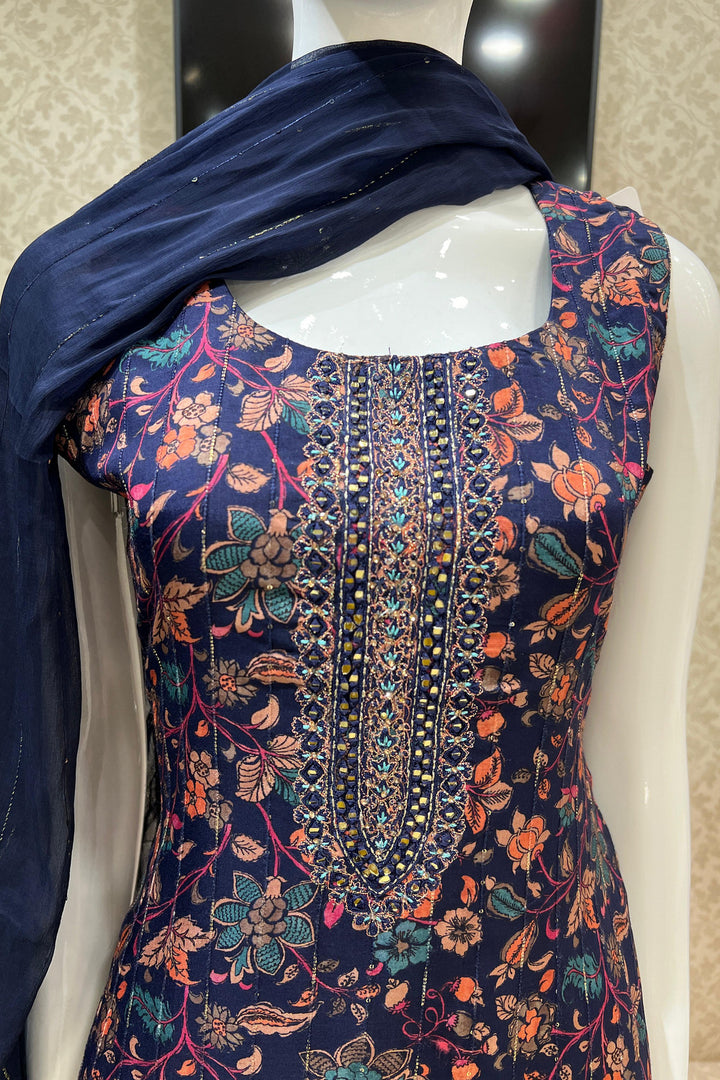 Navy Blue Stone, Mirror, Thread and Zari work with Digital Print Straight Cut Salwar Suit