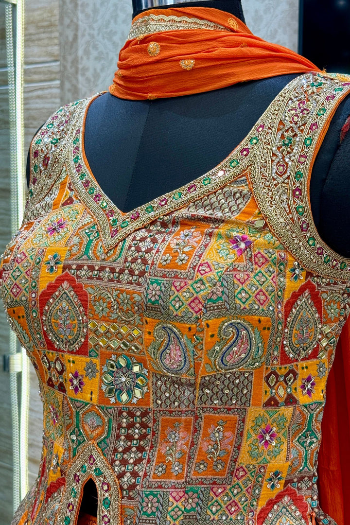 Orange Zardozi, Beads, Mirror, Stone, Zari and Beads work Peplum Style Lehenga