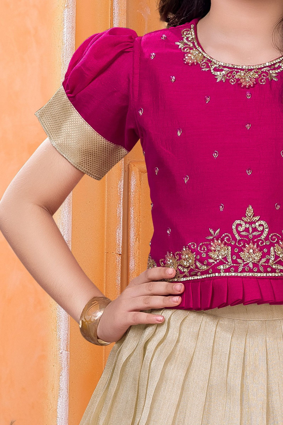 Rani Pink with Cream Zardozi, Stone, Beads and Banaras Zari work Lehenga Choli for Girls