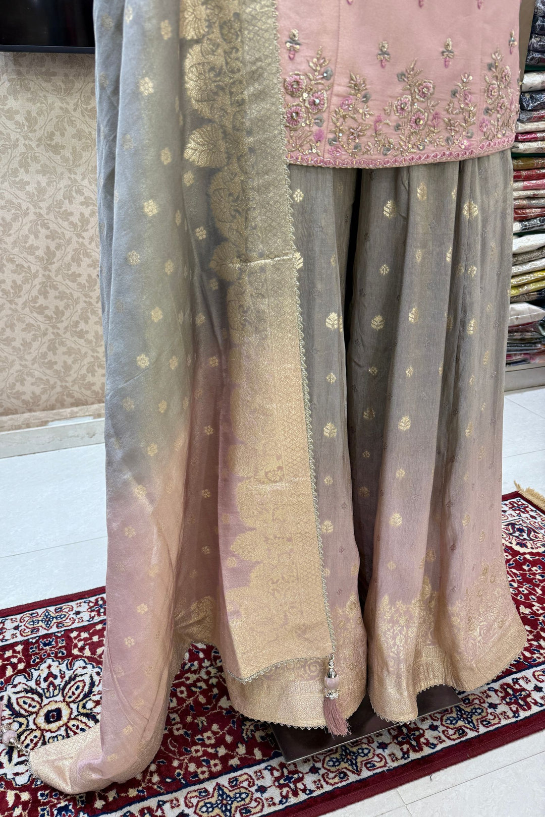 Baby Pink with Grey Mirror, Sequins, Beads, Zari, Stone and Banaras work Palazzo Salwar Suit