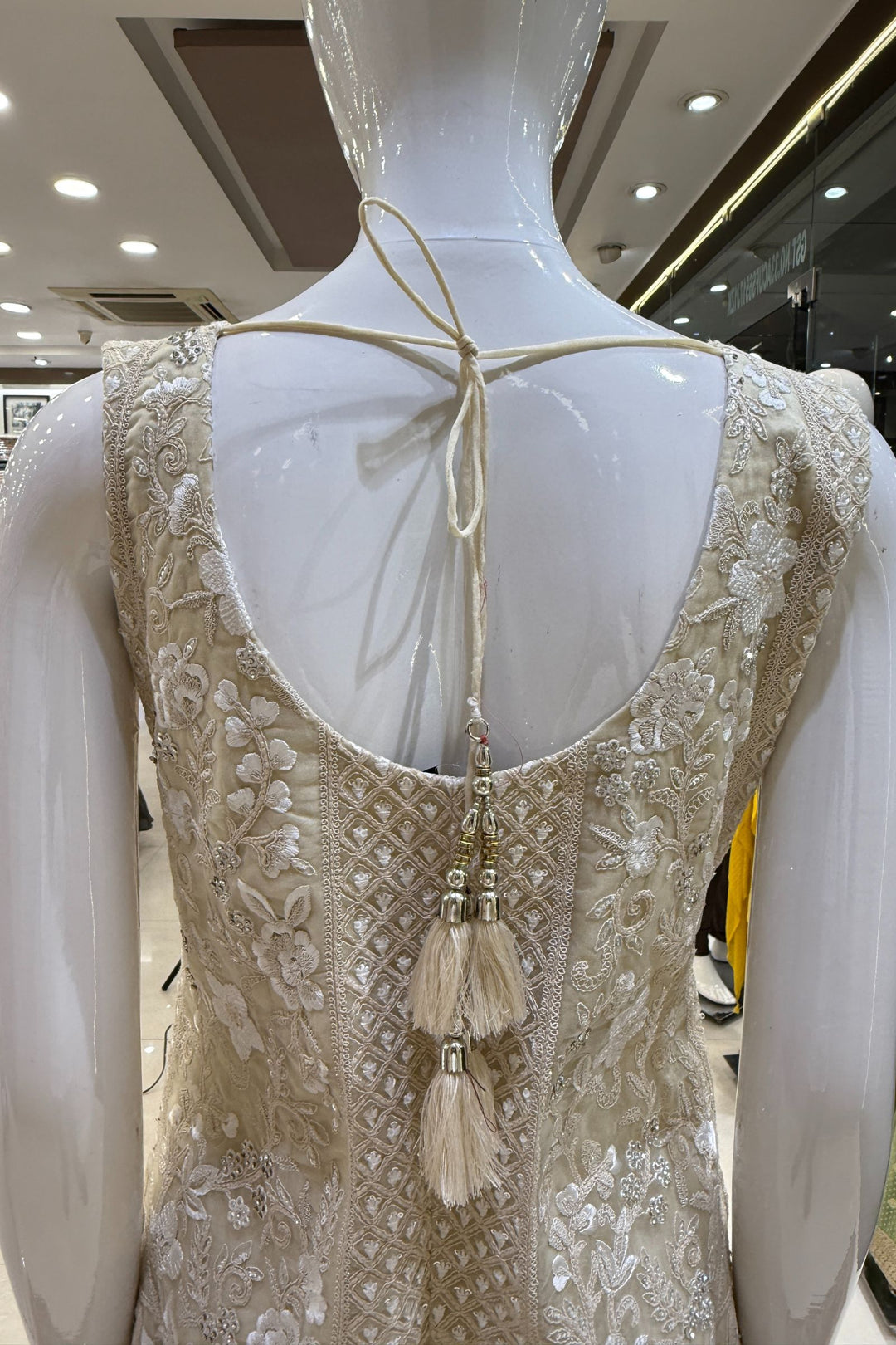 Cream Stone, Zari, Thread, Sequins and Beads work Salwar with Palazzo Pant