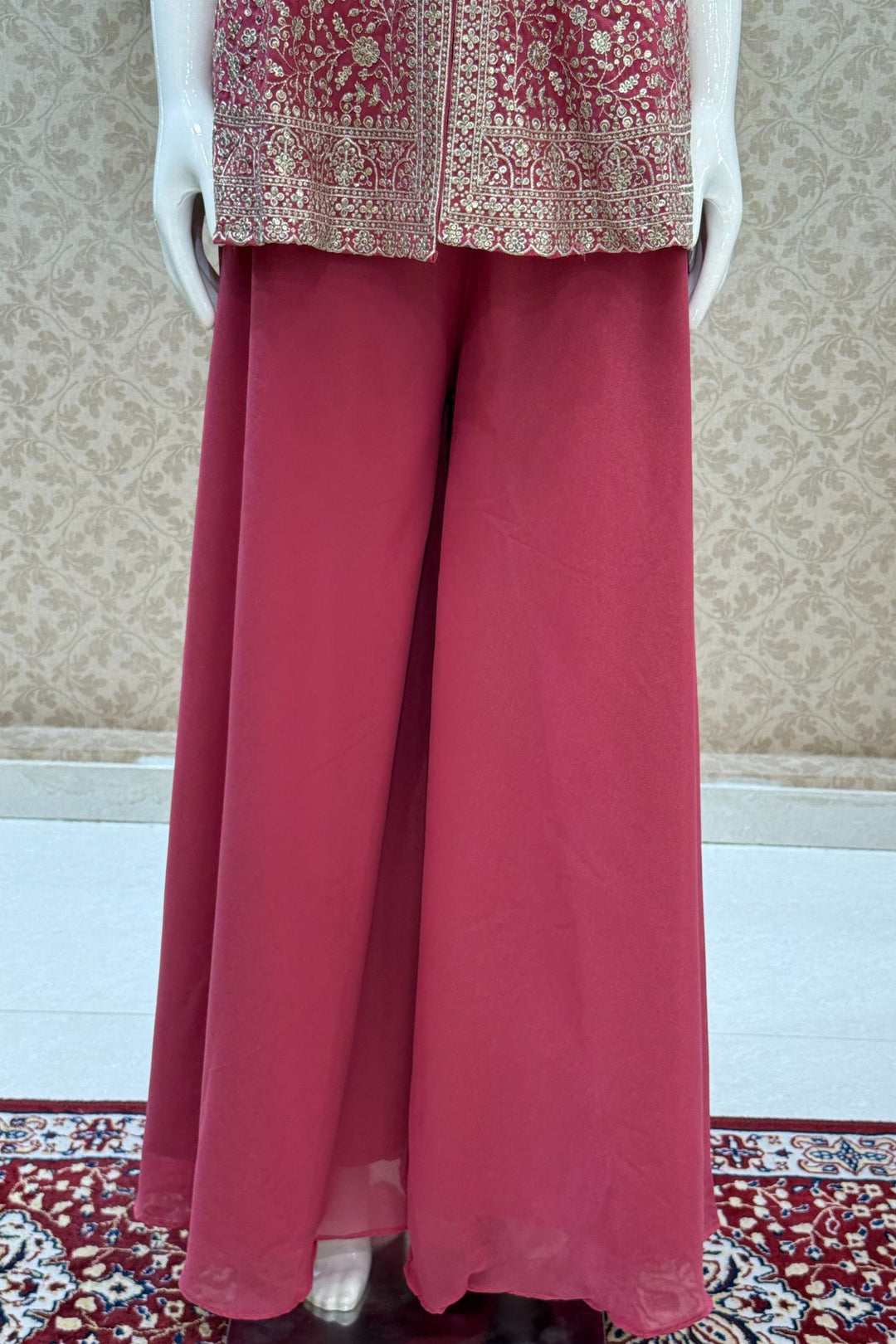 Dark Pink Silver Zari and Sequins work Peplum Top with Palazzo Suit Set