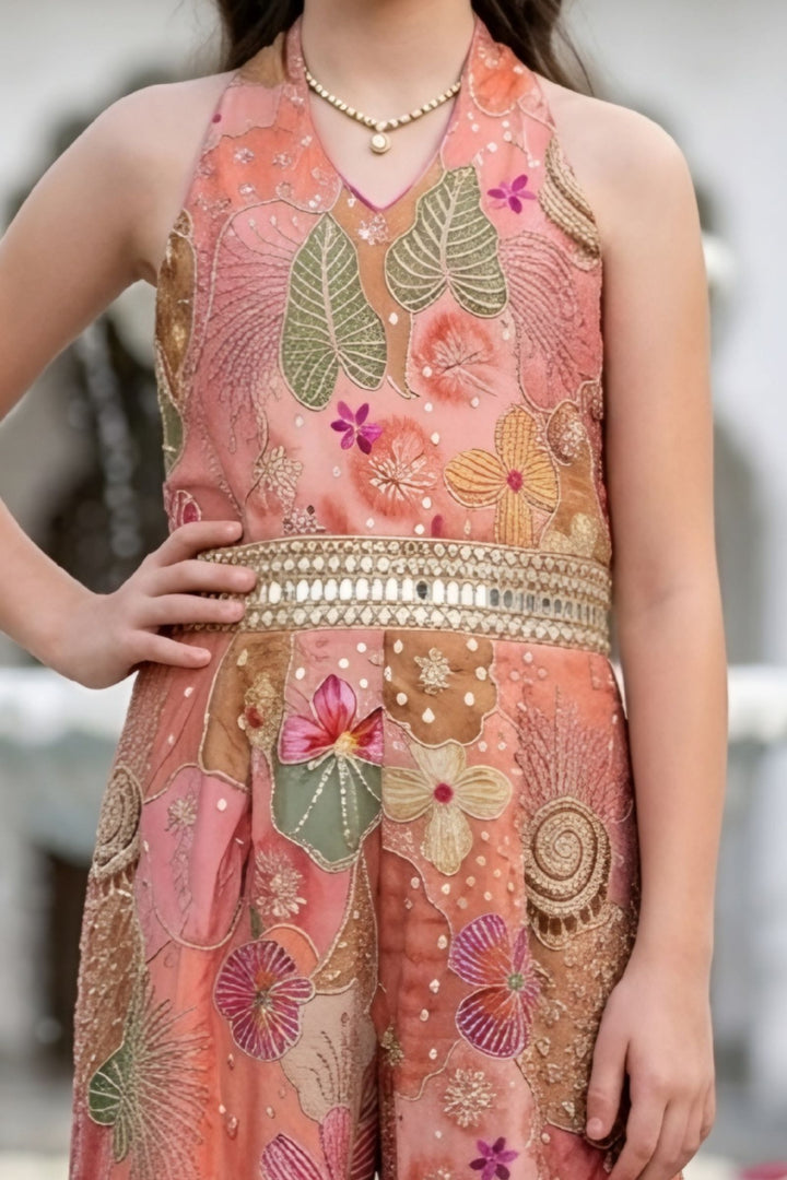 Peach Zari, Mirror and Sequins work with Floral Print Long Jumpsuit for Girls