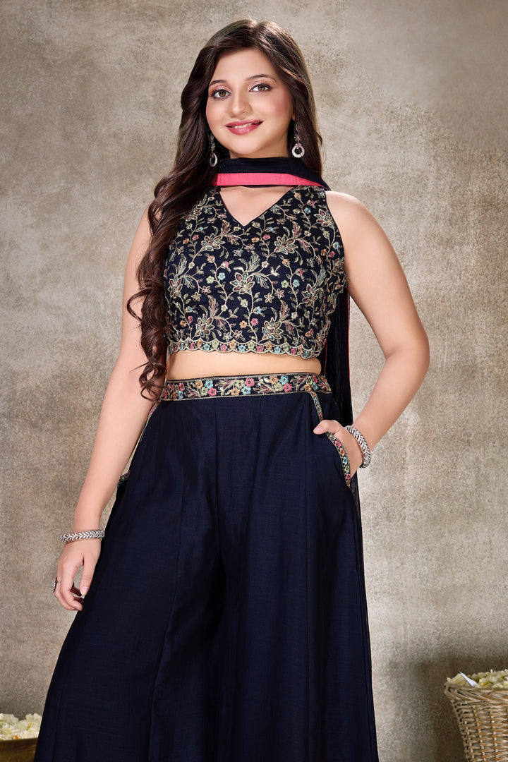 Navy Blue Multicolor Embroidery, Sequins and Zari work Palazzo Suit Set for Girls