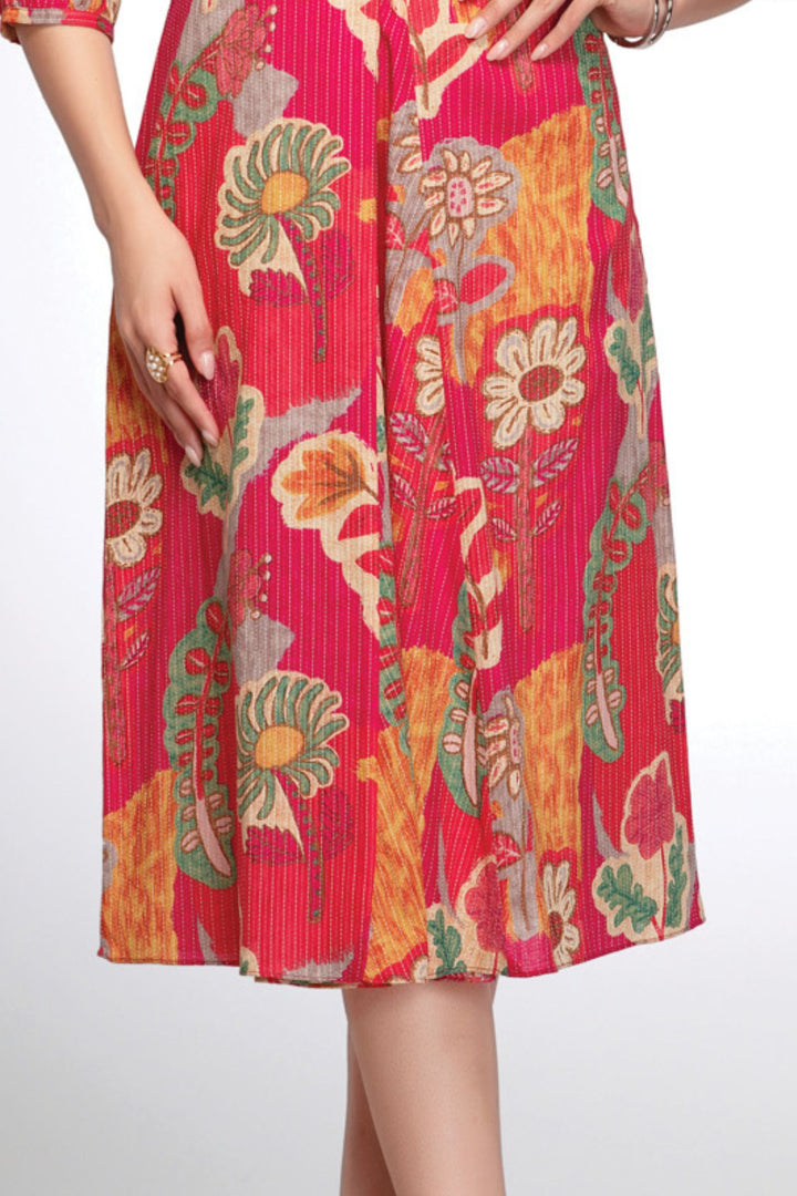 Rani Pink Thread Weaving with Floral Print Anarkali Styled Kurti