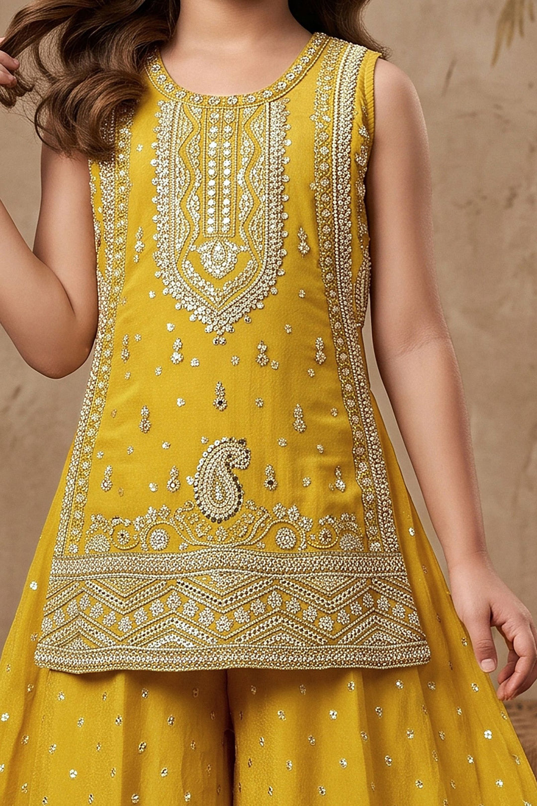 Yellow Beads, Sequins and Zari work Palazzo Set for Girls