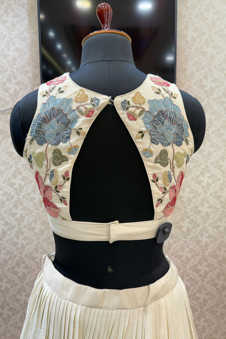 Cream Multicolor Thread, Beads, Zari Thread and Sequins work Crop Top Lehenga