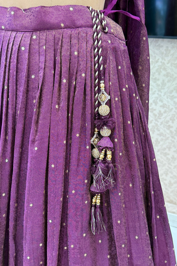 Purple Mirror, Stone, Beads, Zardozi, Zari, Sequins and Banaras work Crop Top Lehenga