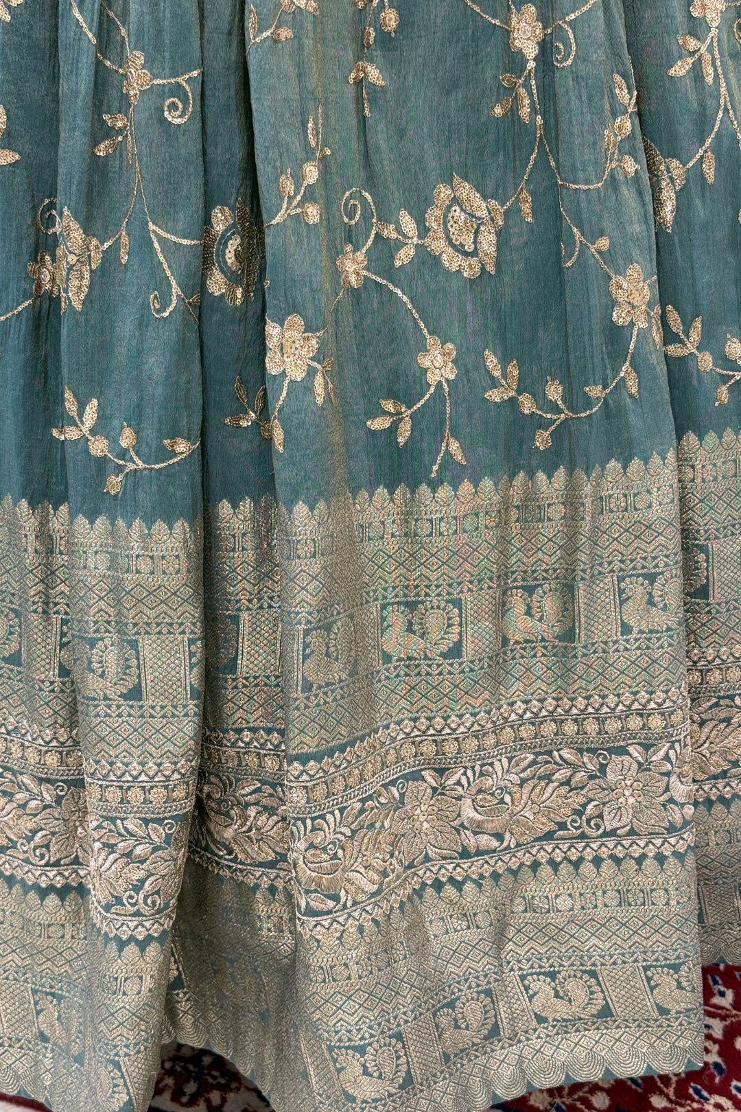 Teal Green Mirror, Zardozi, Sequins, Beads, Stone and Banaras work Peplum Style Lehenga