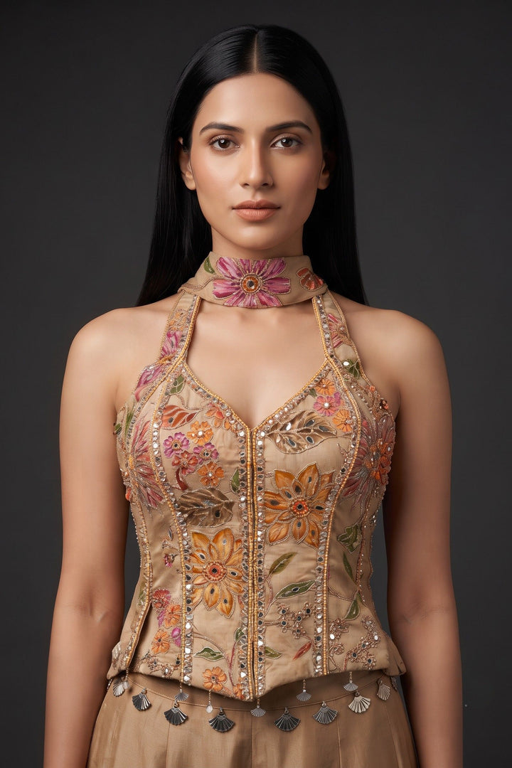 Beige Halter Neck Palazzo Set with Zardozi, Zari, Beads, Sequins, Stone and Mirror Detailing (Copy)