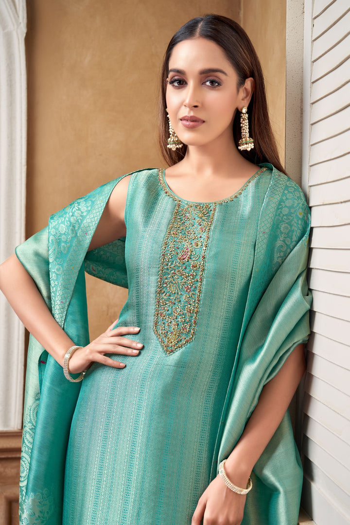 Rama Blue Brocade, Beads, Kundan and Stone work Straight Cut Salwar Suit