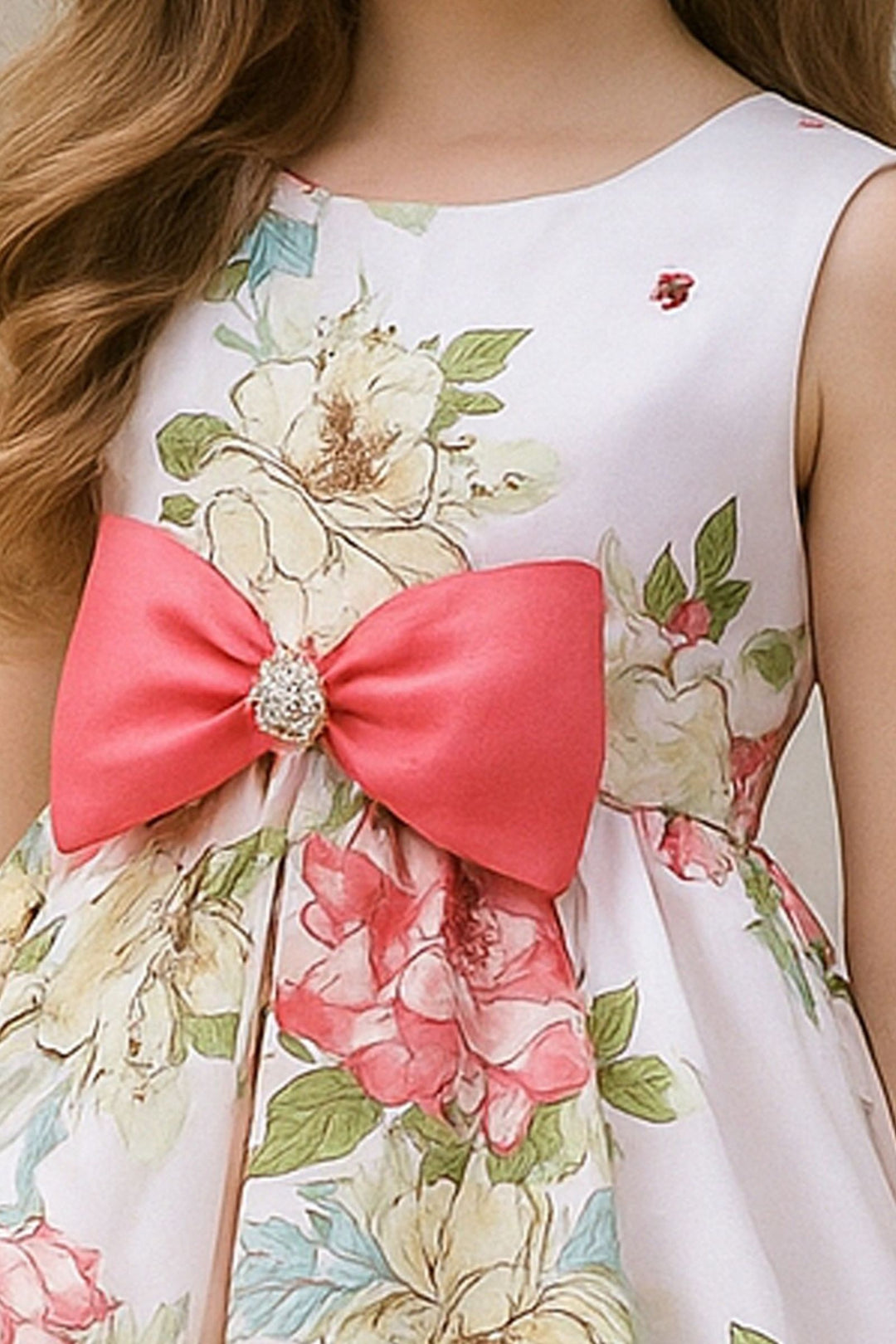 Pastel Pink Stone work with Floral Print Short Partywear Frock for Girls