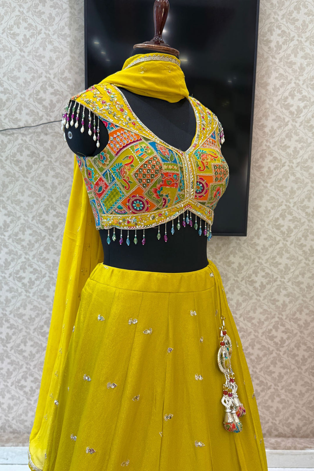 Liril Green Zardozi, Stone and Beads work with Multicolor Digital Print Crop Top Lehenga