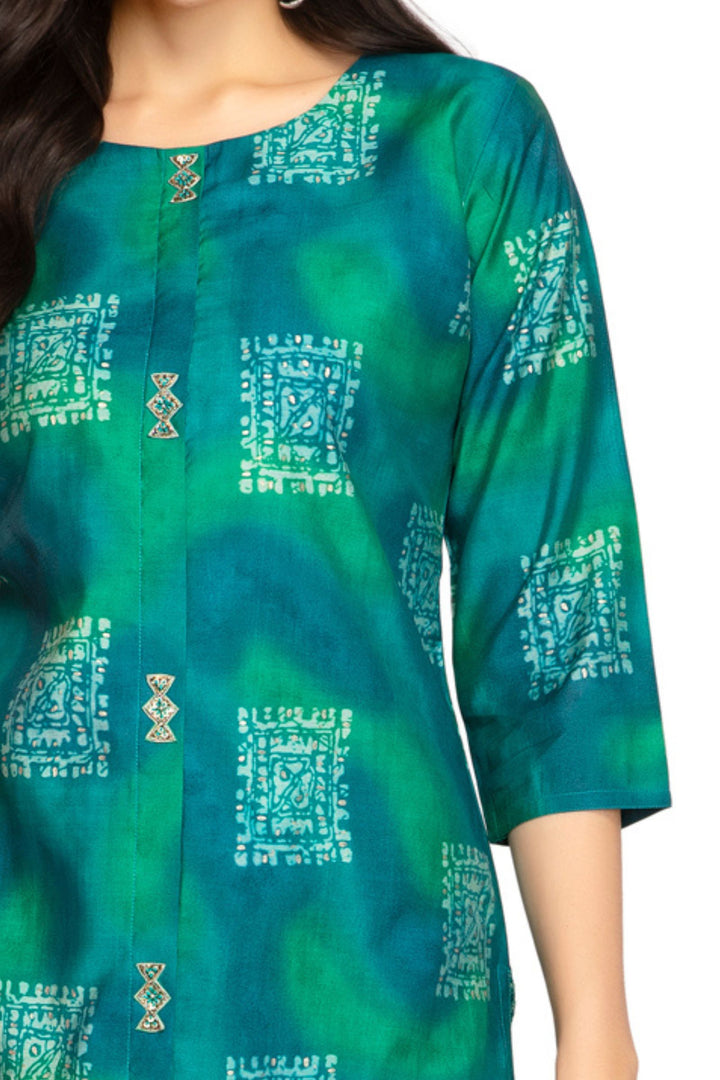 Green Digital Print A-line Cut Calf Length Kurti