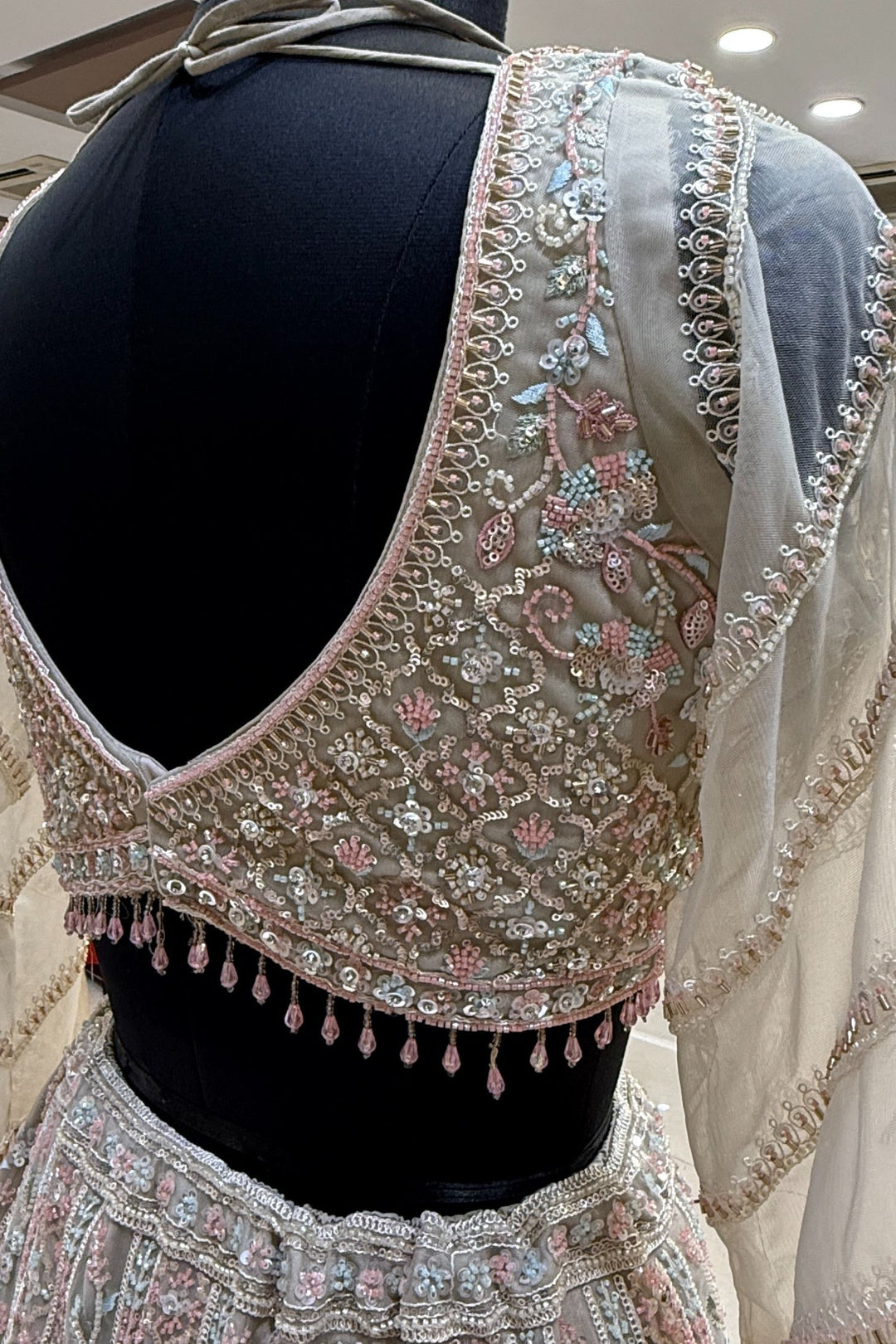 Beige Sequins, Beads and Zari Thread work Crop Top Designer Bridal Lehenga