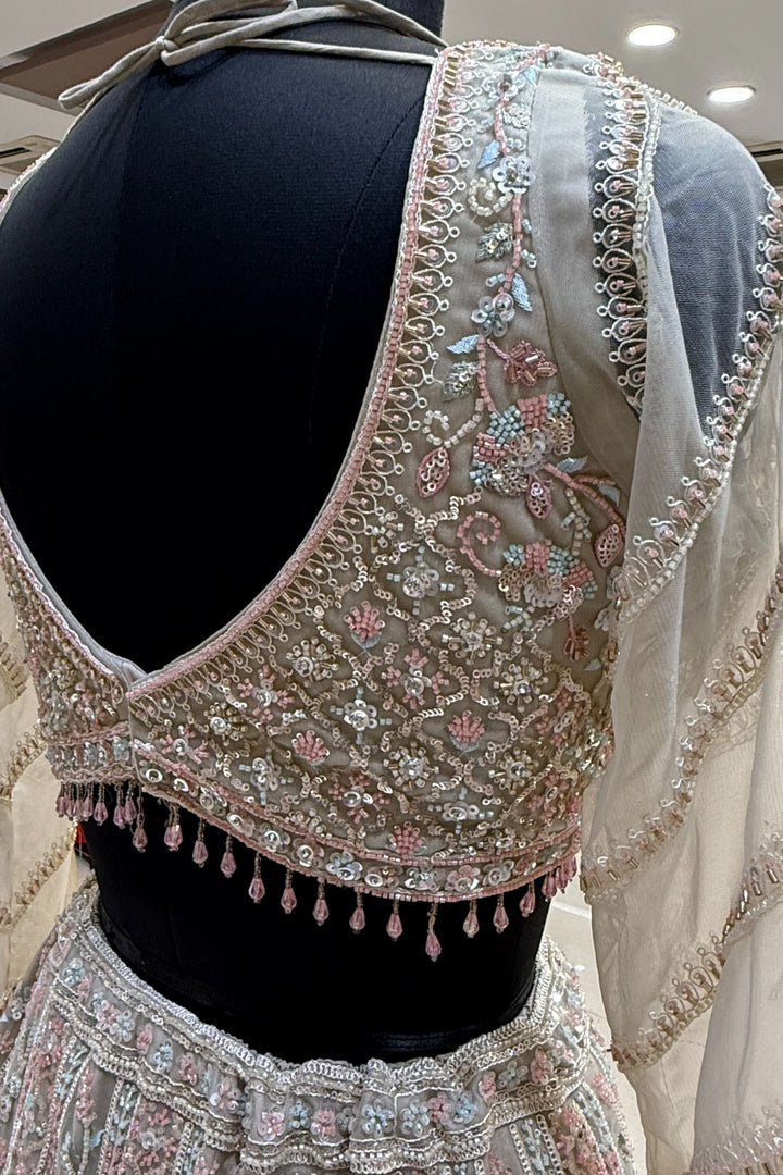 Beige Sequins, Beads and Zari Thread work Crop Top Designer Bridal Lehenga