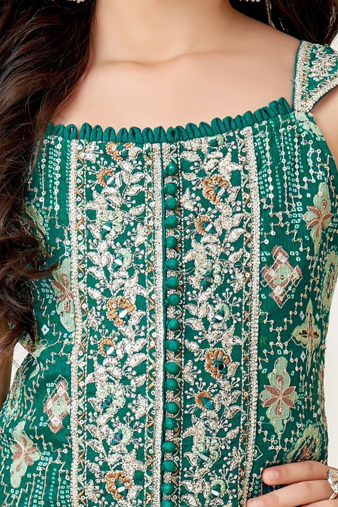 Rama Green Zari, Mirror and Sequins work with Digital Print Palazzo Suit Set for Girls