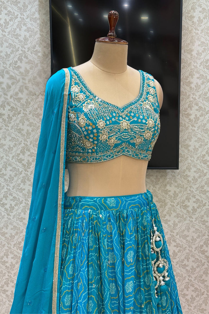 Rama Blue Stone, Zardozi, Sequins and Mirror work with Bandini Print Crop Top Lehenga
