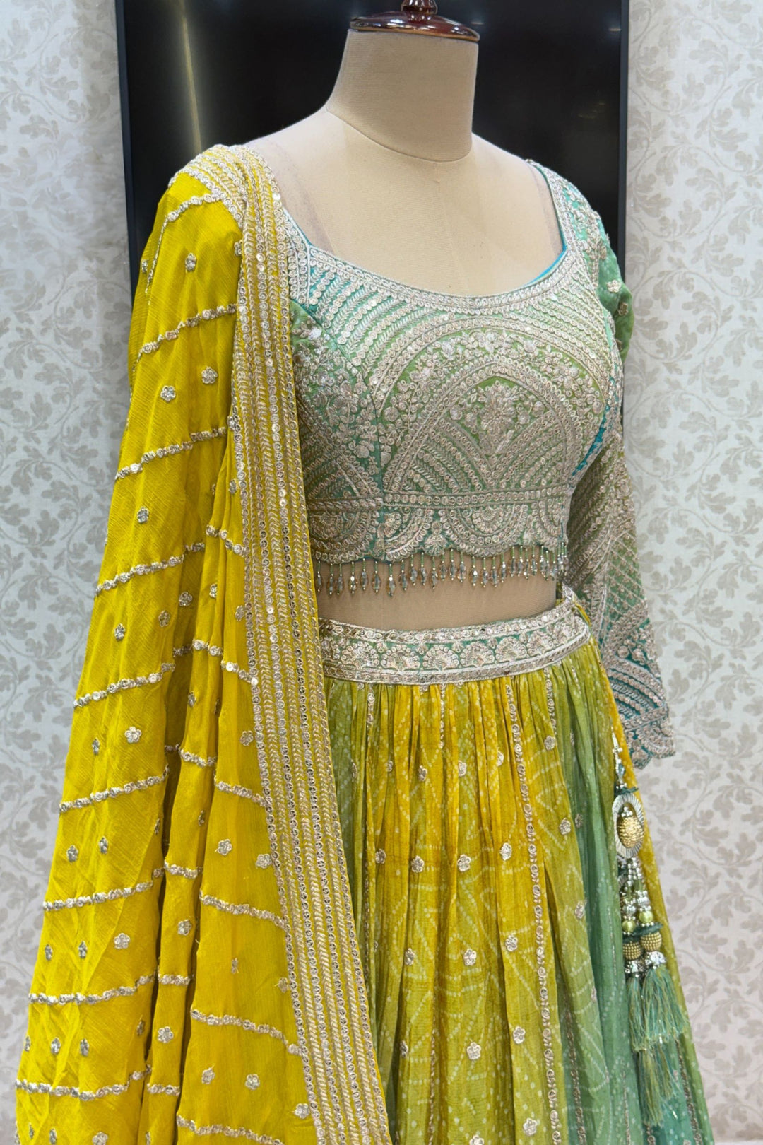 Yellow with Green Sequins, Zari and Beads work with Bandini Print Crop Top Lehenga