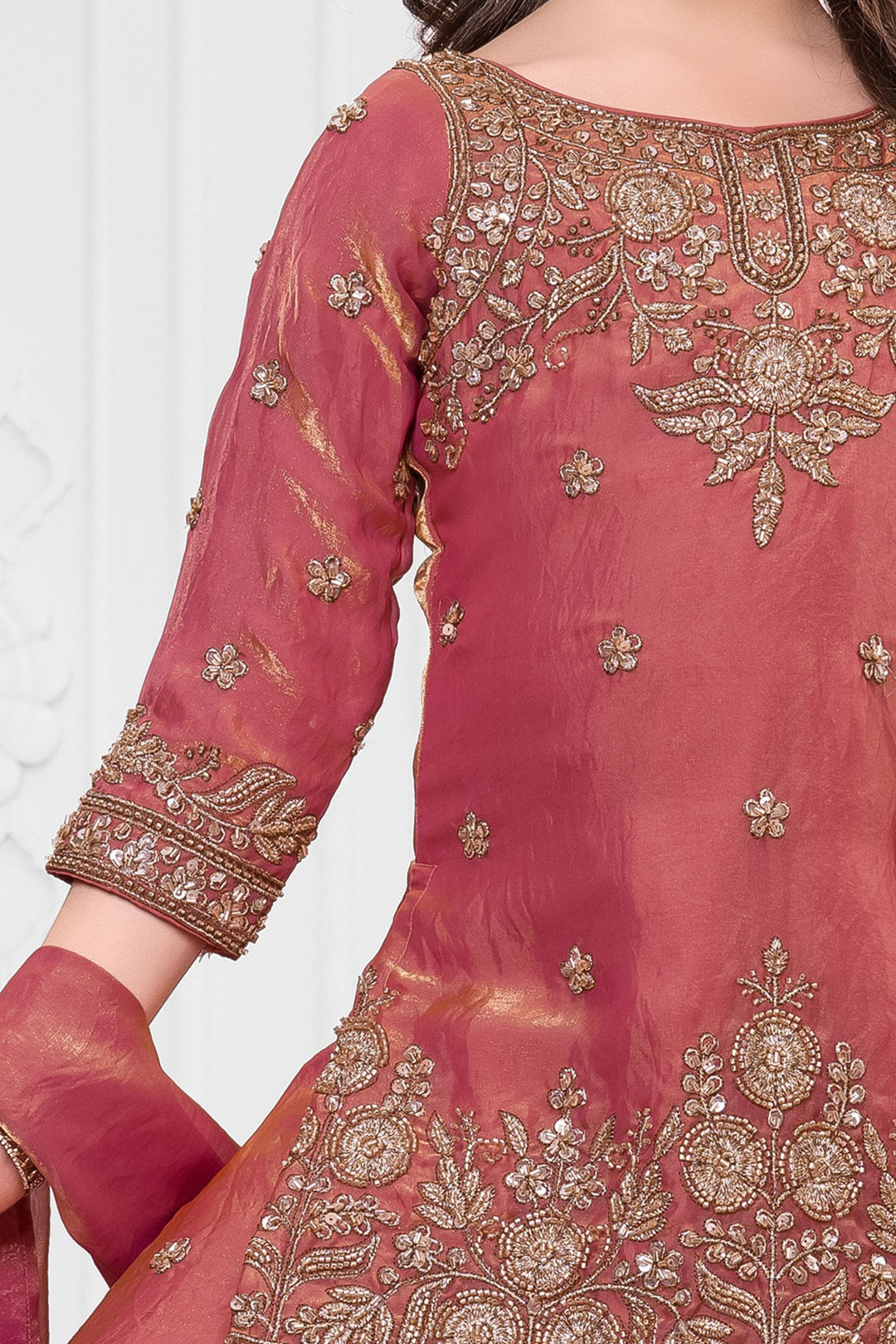 Peach Beads, Zari and Sequins work Palazzo Suit Set for Girls