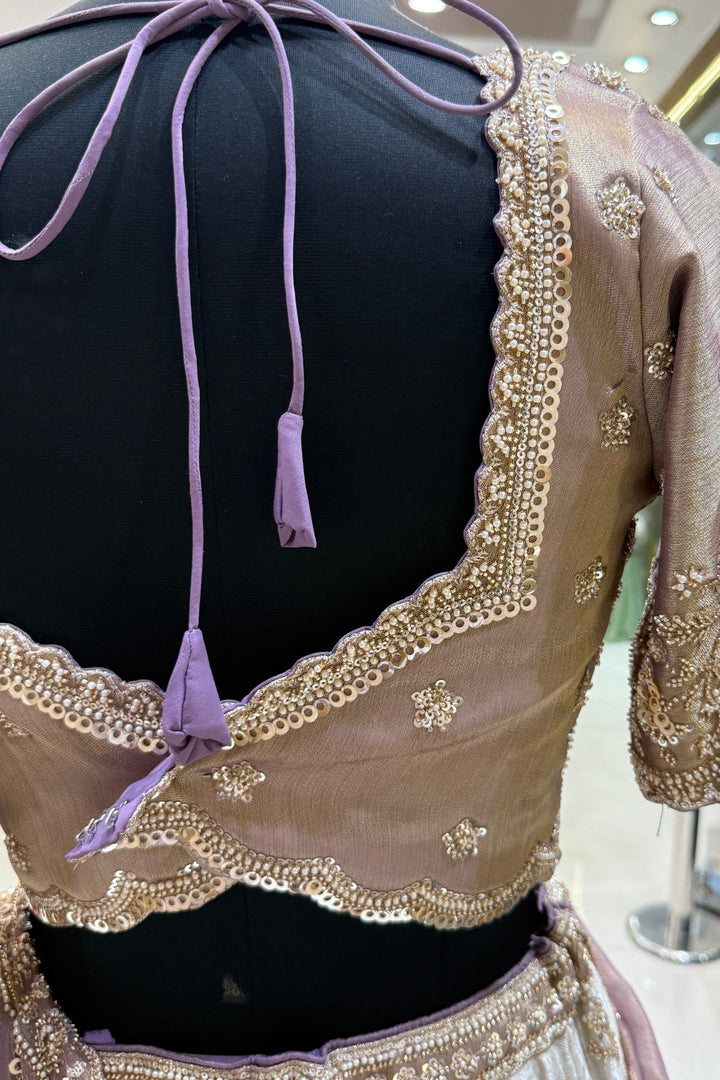 Cream with Lavender Sequins, Pearl, Beads and Zardozi work Crop Top Designer Bridal Lehenga