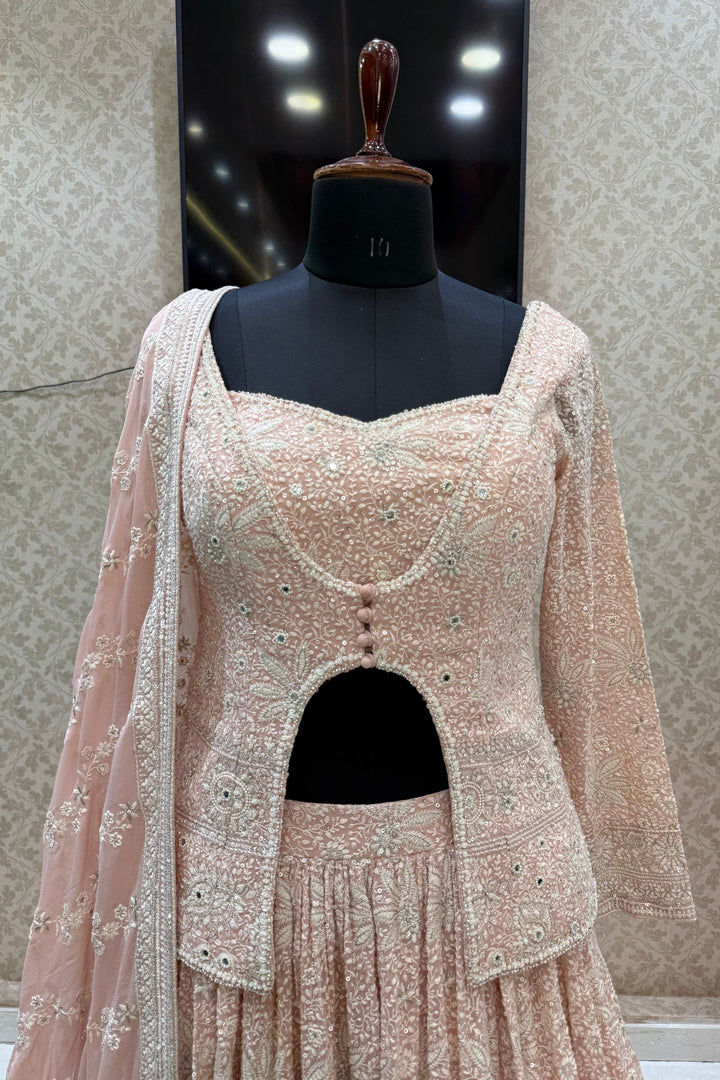 Peach Lucknowi, Sequins, Mirror, Beads and Zari work Crop Top Lehenga