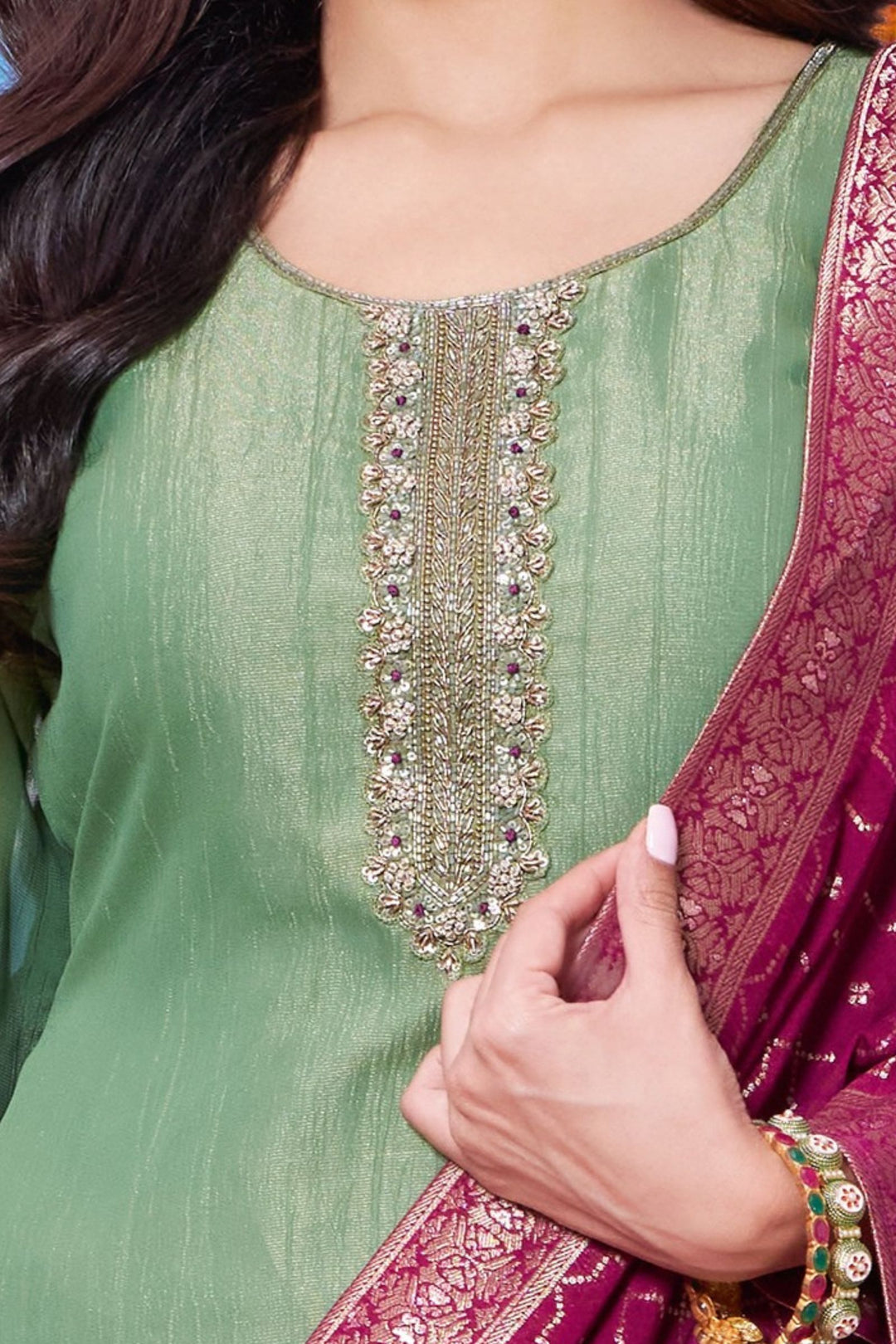 Pista Green Zardozi, Sequins, Beads and Zari work Straight Cut Salwar Suit