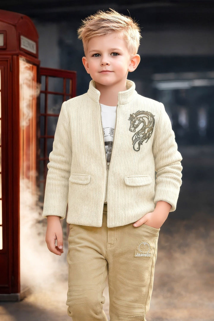 Cream Boys Blazer Set with Cream Printed T-Shirt and Light Khaki Pants