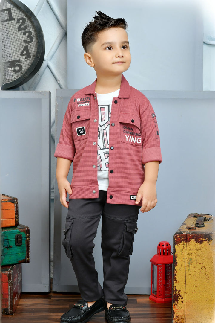 Onion Pink and White Printed Blazer, T-Shirt and Grey Cargo Pant Set for Boys