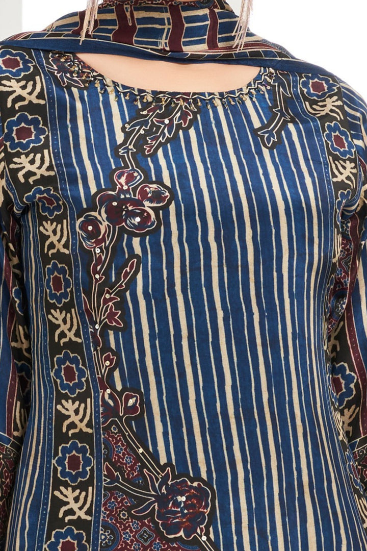 Blue with Ajrakh Print Straight Cut Salwar Suit