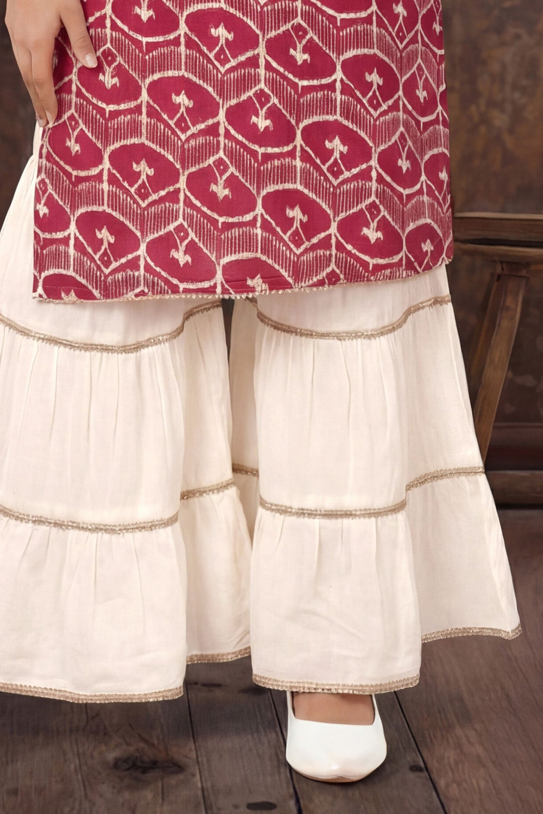 Red with Cream Zari and Sequins work Sharara Set for Girls
