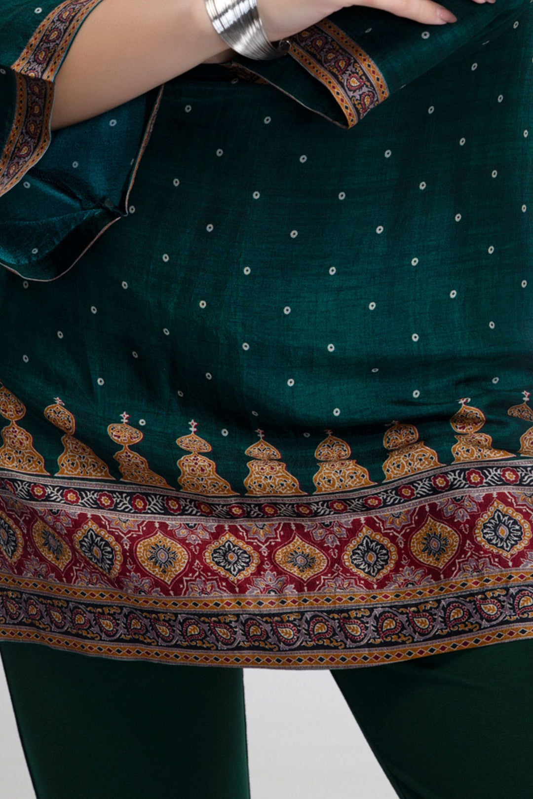 Bottle Green with Multicolor Digital Print Short Kurti