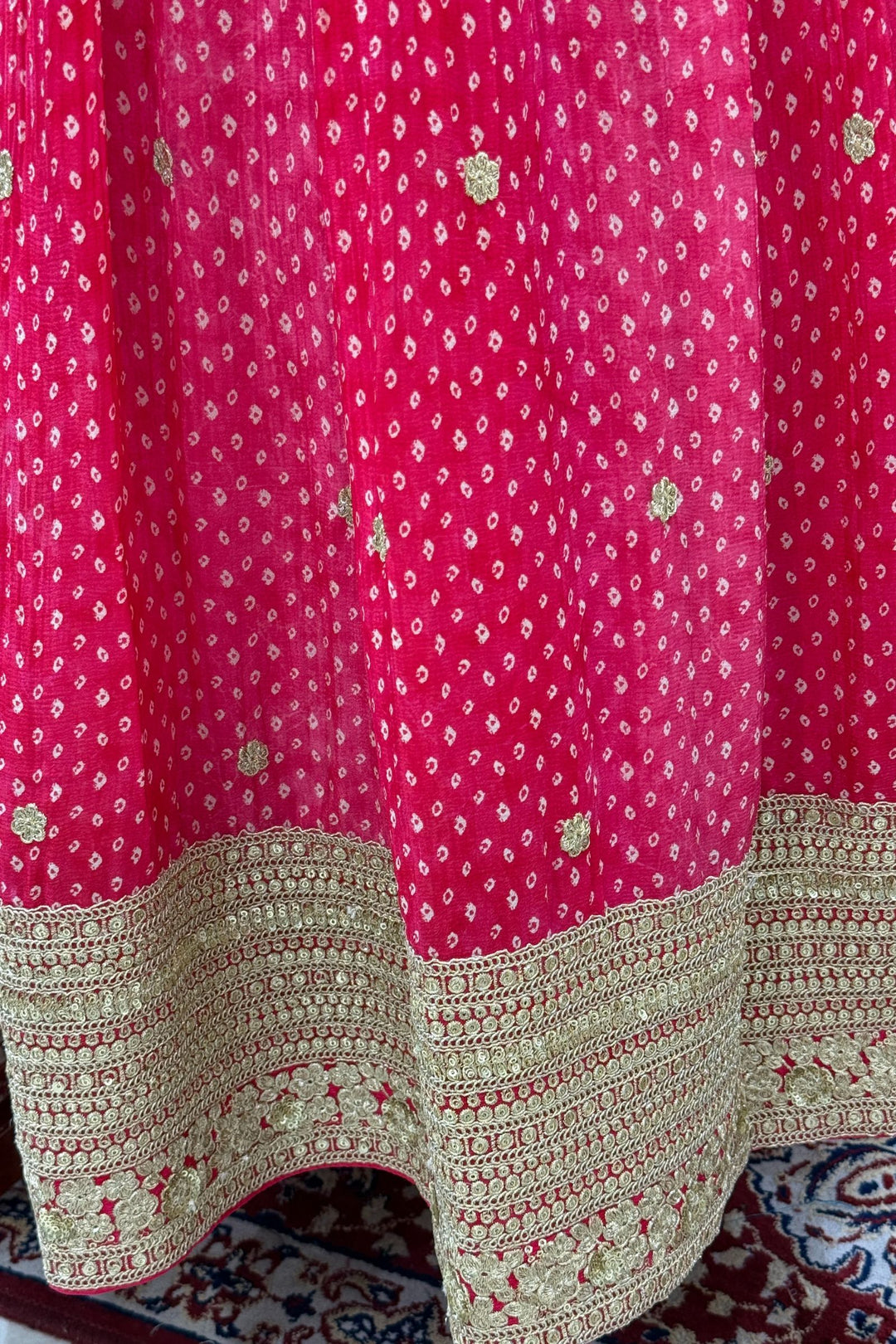 Rani Pink Mirror, Stone, Zardozi and Sequins work with Bandini Print Crop Top Lehenga